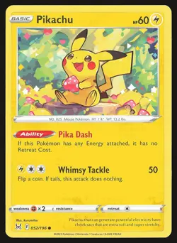 SWSH11: Lost Origin Pikachu #052/196 Common Pokemon Card - Image 1
