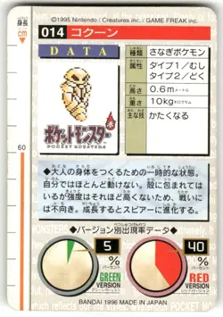 1996 HP Pokemon Kakuna No. 014 Bandai Carddass Series 1-2 G Japanese - Image 2