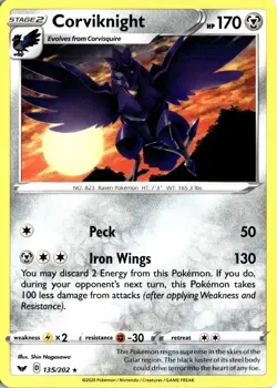 Corviknight 135/202 Sword & Shield Base Set Rare Regular LP Pokemon Card - Image 1