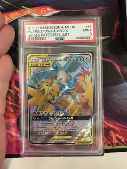 2019 Pokemon Sun & Moon Hidden Fates #66 Moltres-Zapdos-Articuno GX PSA 9 Mint - Image 1