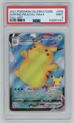 2021 Pokemon SWSH Celebrations Surfing Pikachu Vmax Full Art English #009 PSA 9 - Image 1