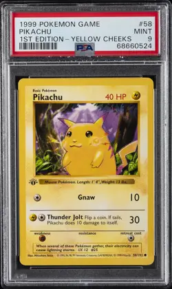 1999 POKEMON BASE SET 1ST EDITION-YELLOW CHEEKS #58 PIKACHU PSA 9 - Image 1