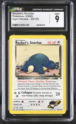 CGC 9 MINT Rocket's Snorlax 2000 Gym Heroes 33/132 Pokemon Card - Image 1