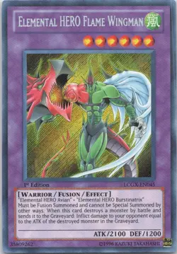 1996 TCG 1st Edition ELEMENTAL HERO FLAME WINGMAN HOLO RARE #LCGX-EN045 - Image 1