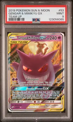 2019 POKEMON SUN & MOON TEAM UP #53 GENGAR & MIMIKYU GX PSA 9 - Image 1