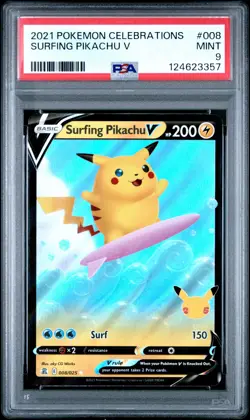 2021 POKEMON CELEBRATIONS #008 SURFING PIKACHU V PSA 9 - Image 1