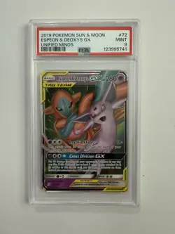 2019 Pokemon Unified Minds Espeon & Deoxys GX 72 Sun & Moon PSA 9 - Image 1
