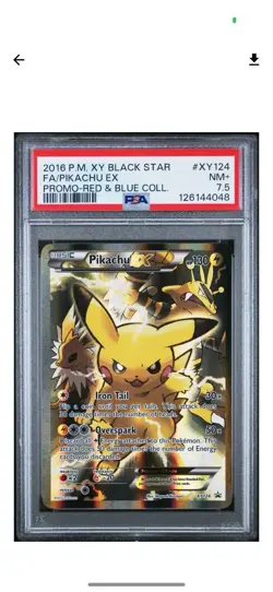Pokemon 2016 Pikachu EX XY124 Red & Blue Collection Full Art Promo PSA 7.5 NM+ - Image 1