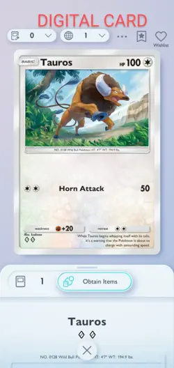 Tauros Pokemon Pocket Mobile Game Genetic Apex Set ◇◇ Rare Digital Card Trade - Image 1