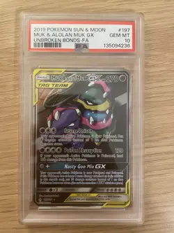 2019 POKEMON SUN & MOON UNBROKEN BONDS #197 FULL ART/MUK & ALOLAN MUK GX PSA 10 - Image 1