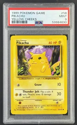 1999 Pokemon Game Pikachu Yellow Cheeks 58/102 PSA 9 - Image 1