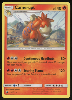 Pokemon Card TCG SM Crimson Invasion Camerupt 14/111 Non-Holo Rare - NM - Image 1