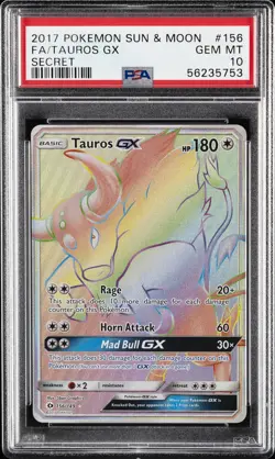 2017 POKEMON SUN & MOON SECRET #156 FULL ART/TAUROS GX PSA 10 - Image 1