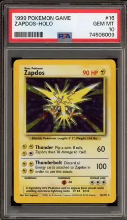 Pokemon Zapdos Base Set Unlimited Holo Rare #16 PSA 10 Gem Mint - Image 1