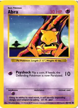 Pokemon TCG Abra Shadowless Card 43/102 Base Set LP - Image 1