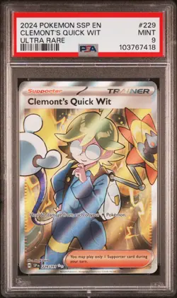 Pokemon 2024 Clemonts Quick Wit 229/191 Ultra Rare Surging Sparks PSA 9 - Image 1