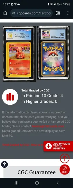 (POP 4) CGC 10 PRISTINE Pokemon 006/128 Vulpix Expedition Expansion Japanese 1st - Image 3