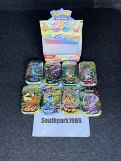 Pokemon TCG: Prismatic Evolutions Full Set Of 8 Sealed Mini Tins With Display - Image 2
