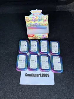 Pokemon TCG: Prismatic Evolutions Full Set Of 8 Sealed Mini Tins With Display - Image 3