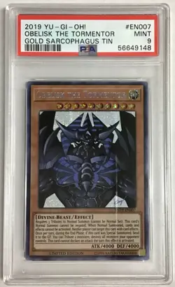 Yugioh Obelisk the Tormentor TN-EN007 Gold Sarcophagus Tin Limited Edition PSA 9 - Image 1