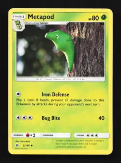 Metapod 2/149 LP Sun & Moon English Pokemon Card TCG - Image 1