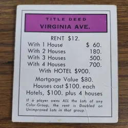 Replacement Virginia Ave Title Deed Card Regular Basic Monopoly b - Image 1