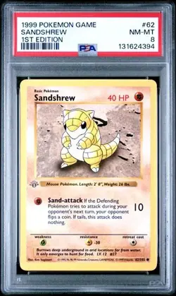 Base Set 1st Edition SANDSHREW #62/102 PSA 8 Gray/Grey Stamp 1999 Pokemon Card - Image 1