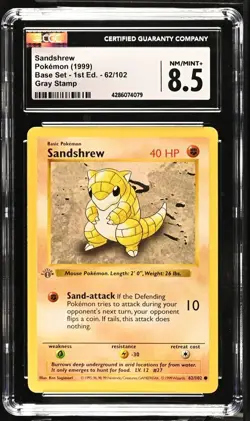 CGC 8.5 NM/Mint+ Sandshrew GRAY Stamp 1st Ed. Base Set 62/102 Pokemon - Image 2