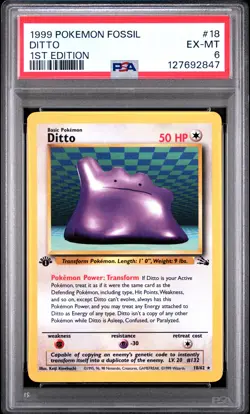 1999 POKEMON FOSSIL 1ST ED #18 DITTO PSA 6 - Image 1