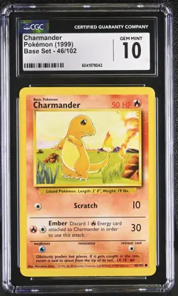 CGC 10 GEM MINT Charmander 1999 Base Set 46/102 Pokemon Card - Image 1