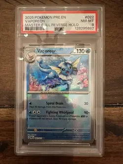 2025 POKEMON PRE EN PRISMATIC EVOLUTIONS MASTER BALL REVERSE HOLO VAPOREON PSA 8 - Image 1