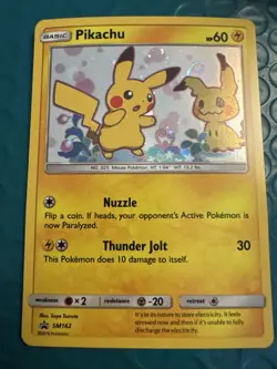 Pikachu SM162 Sun and Moon Black Star Promo Card Holo Swirl Top Of Mimikyu - Image 1