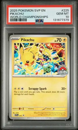 2025 POKEMON SVP EN-SV BLACK STAR PROMO WORLD CHAMPIONSHIPS #225 PIKACHU PSA 10 - Image 1