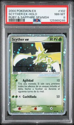 2004 POKEMON SPANISH EX RUBY & SAPPHIRE #102 SCYTHER EX-HOLO PSA 8 - Image 1