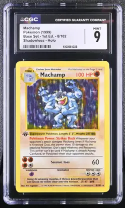 POKEMON 1999 Base Set 1st Edition MACHAMP 8/102 SHADOWLESS Holo *CGC 9* MINT - Image 1