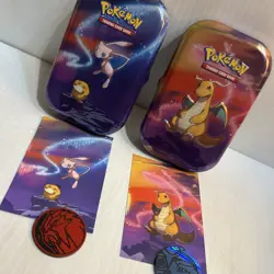 Lot of 2 Pokemon TCG Card Tins Art Card Metallic Coin Mew Dragonite/82c - Image 1