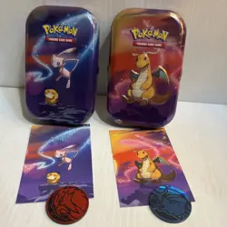 Lot of 2 Pokemon TCG Card Tins Art Card Metallic Coin Mew Dragonite/82c - Image 2