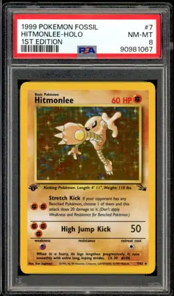 1999 Pokemon Fossil #7 Hitmonlee Holo 1st Edition PSA 8 NM-MT - Image 1