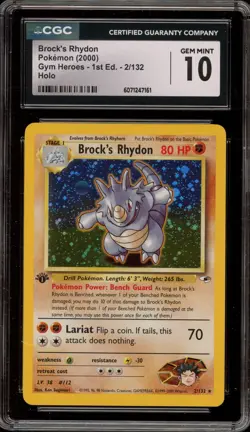 Pokemon Brock's Rhydon Gym Heroes 1st Edition Holo Rare #2 CGC 10 Gem Mint - Image 1