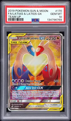 2019 POKEMON SUN & MOON TEAM UP #170 FULL ART/LATIAS & LATIOS GX PSA 10 - Image 1