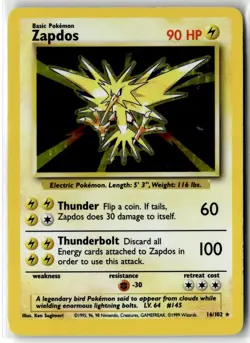 Zapdos ⭐ 16/102 Holo Rare Base Set 1999 Pokemon LP - Image 1