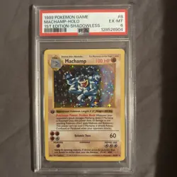 1st Edition Shadowless Machamp 8/102 Base Set Pokemon Card PSA 6 Super Clean - Image 1