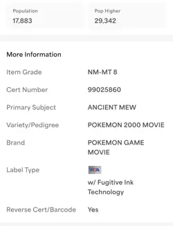 Pokemon TCG Ancient Mew PSA 8 Promo Pokemon 2000 Movie Card - Image 3
