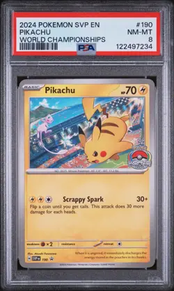 2024 POKEMON SVP EN-SV BLACK STAR PROMO WORLD CHAMPIONSHIPS #190 PIKACHU PSA 8 - Image 1