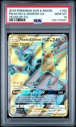 2019 POKEMON SUN & MOON TEAM UP #162 FULL ART/PIKACHU & ZEKROM GX PSA 10 - Image 1