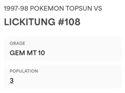 PSA 10 GEM MINT Lickitung Vs. Raticate #108 Topsun Carddass Pokemon 1997 POP 3 - Image 2
