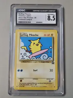 2001 POKEMON BLACK STAR PROMOS #28 SURFING PIKACHU POKEMON LEAGUE CGC 8.5 - Image 1