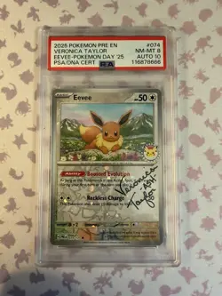 PSA 8 - Eevee 074/131 Pokemon Day 2025 STAMPED Promo signed Veronica Taylor 10 - Image 1
