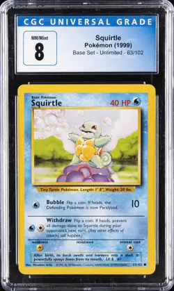 1999 POKEMON BASE SET-UNLIMITED #63/102 SQUIRTLE CGC 8 - Image 1
