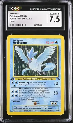 POKEMON CGC 7.5 Near Mint+ Fossil Articuno 2/62 Holo Rare 1st Edition *0076 - Image 1
